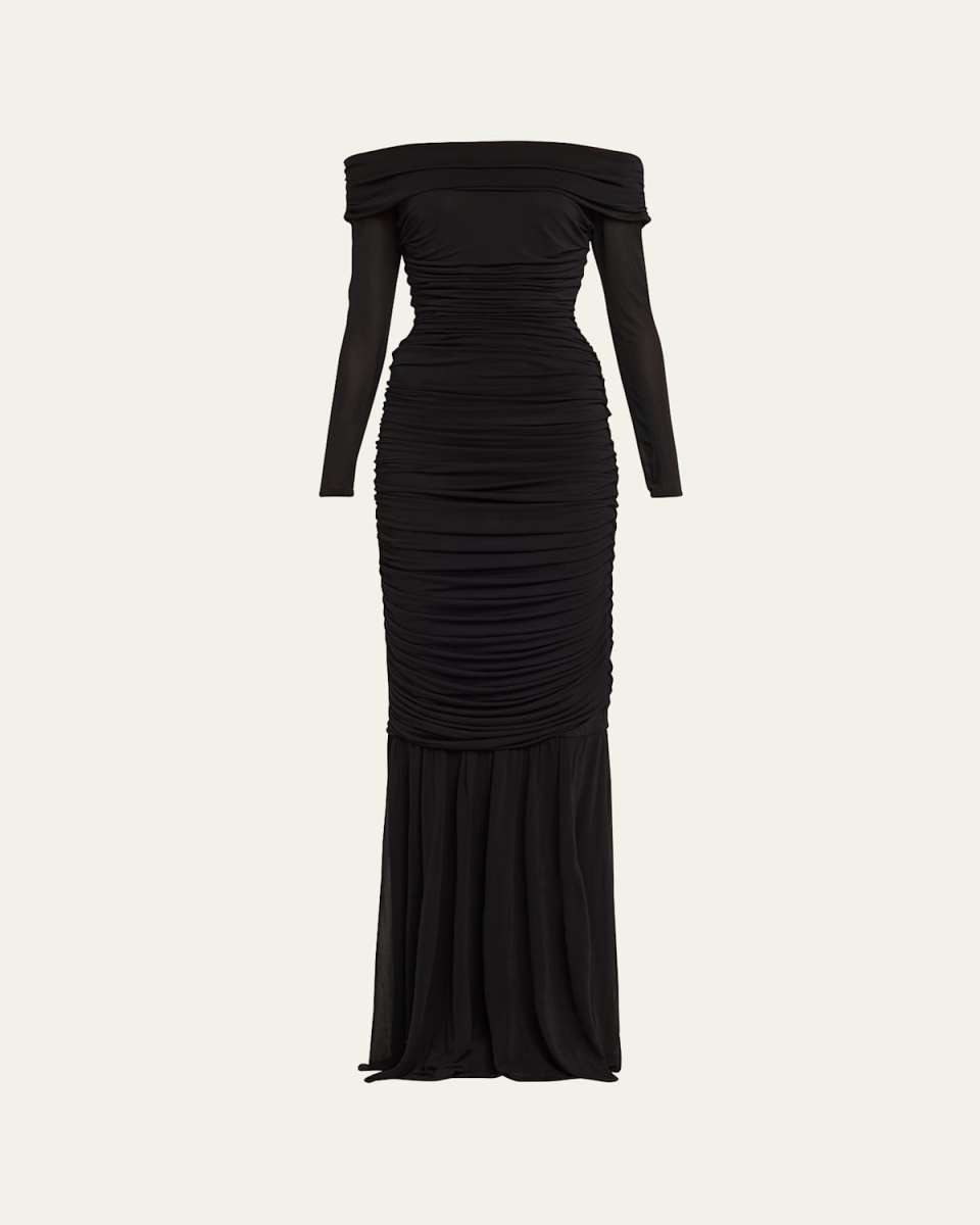 Delphina Ruched Off-Shoulder Column Gown